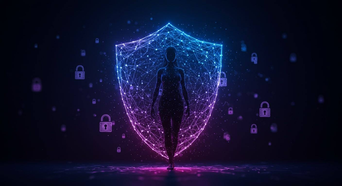 A glowing digital shield around a figure, surrounded by padlock icons