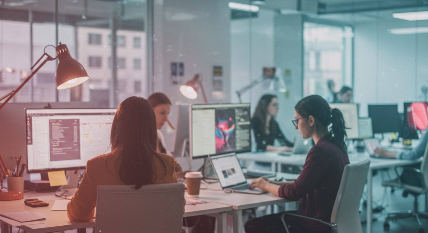 A team working at computers in a bright open-plan office