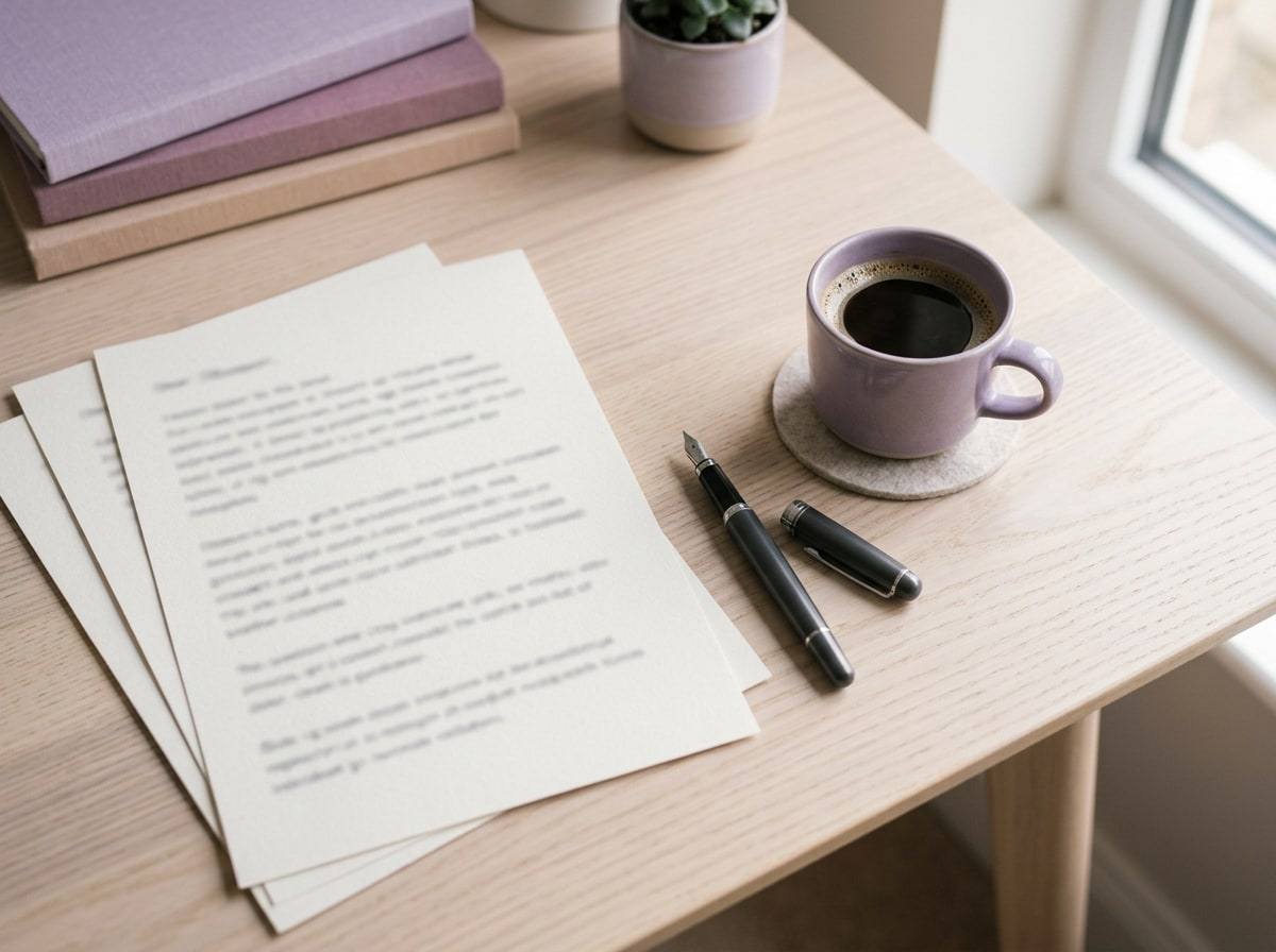 Top-down view of printed pages, a fountain pen and a cup of coffee on a pale wooden desk