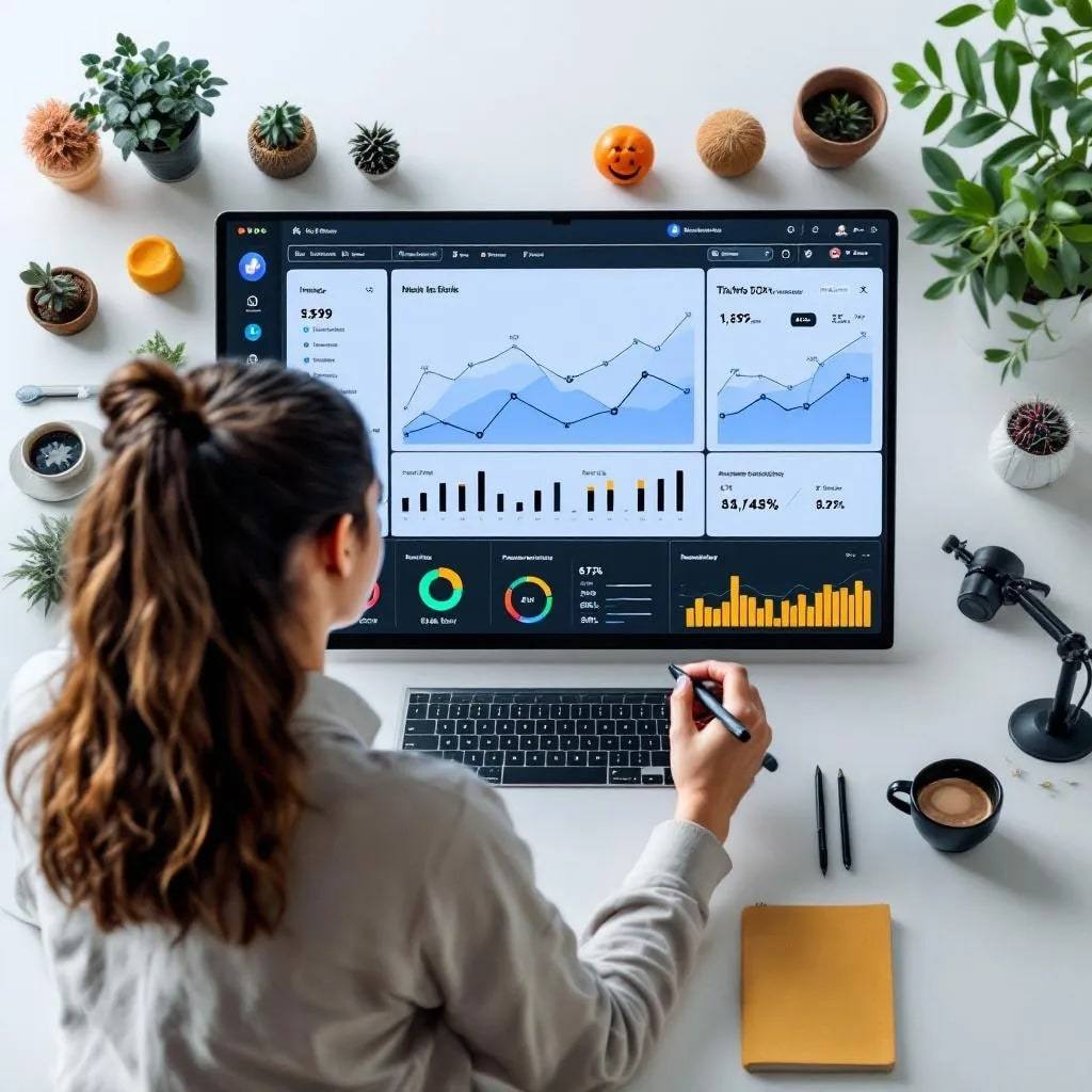 Overhead view of a woman planning content at a desk, with a monitor of charts, a notebook and coffee