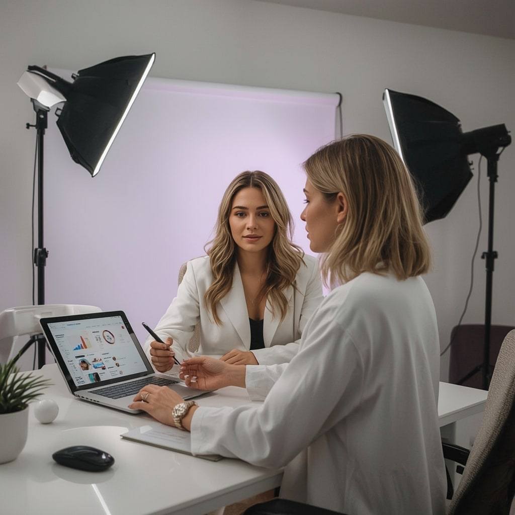 Two women in a photo studio reviewing a plan together on a laptop, with softbox lights behind them