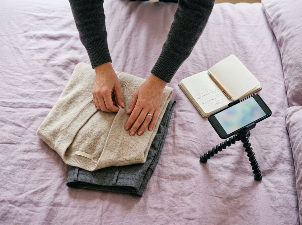 Top-down view of hands arranging a folded outfit beside a notebook and a phone on a small tripod, with no face in the picture