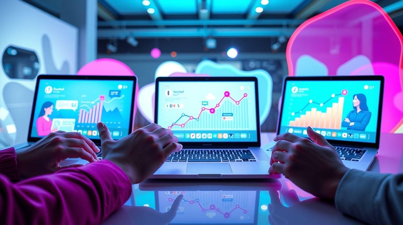 Three laptops showing rising growth charts in a colourful studio