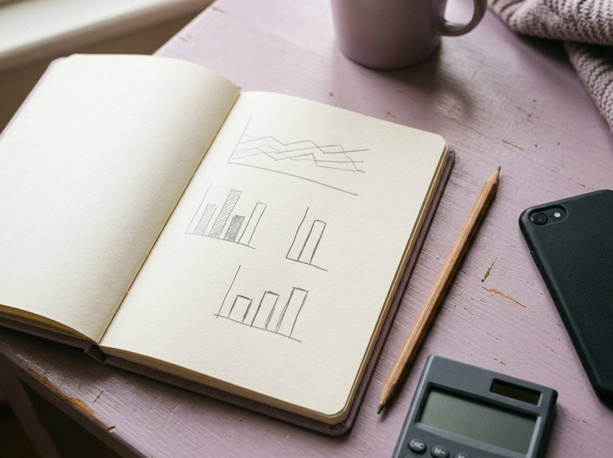 An open notebook with hand-drawn bar and line chart sketches, beside a pencil, a calculator and a phone