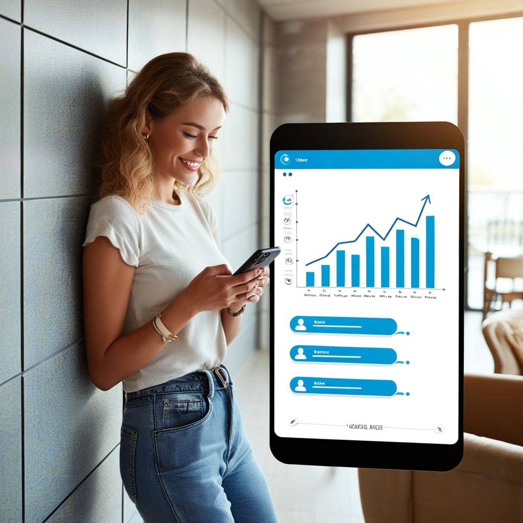 A woman leaning against a wall checking her phone, beside a large phone screen showing a rising bar chart