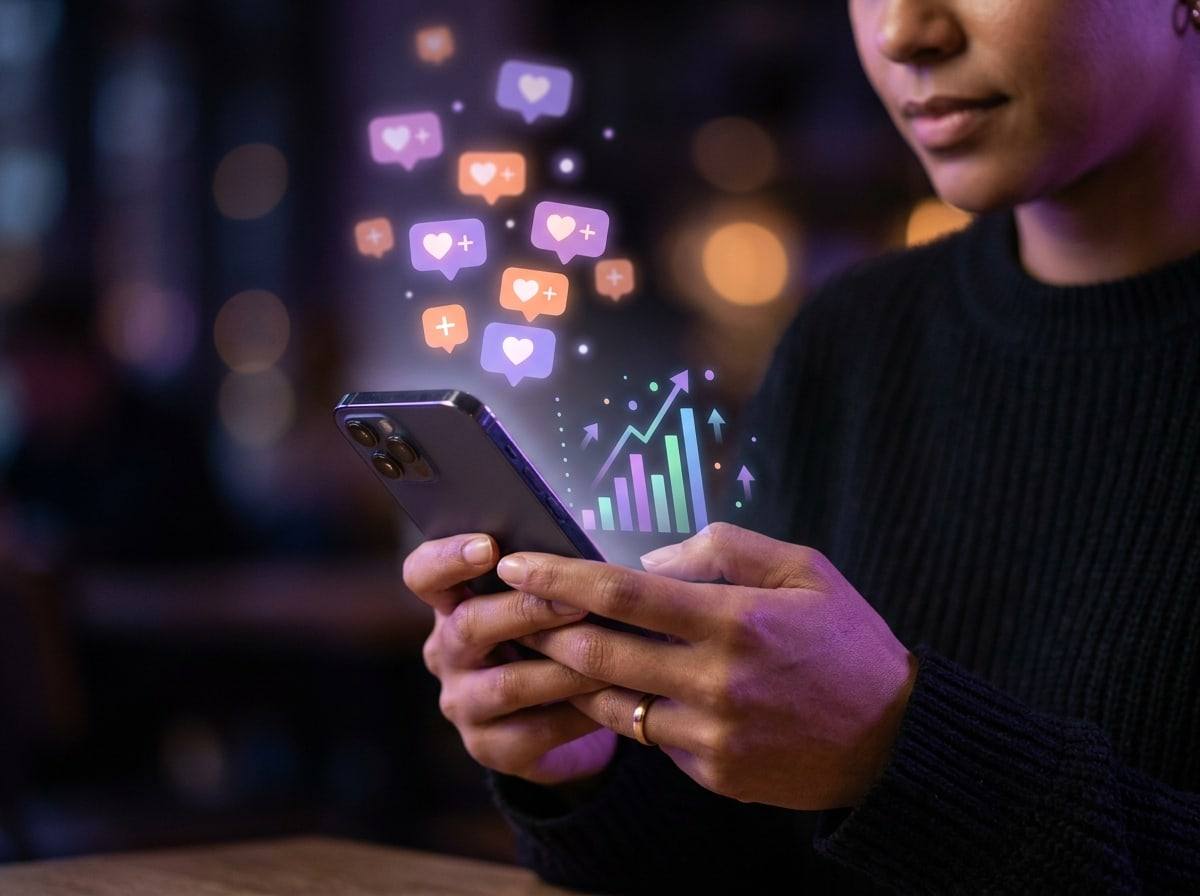 Gros plan sur des mains tenant un téléphone pendant que des notifications lumineuses de cœurs et d’abonnements s’élèvent au-dessus d’un graphique en barres en hausse